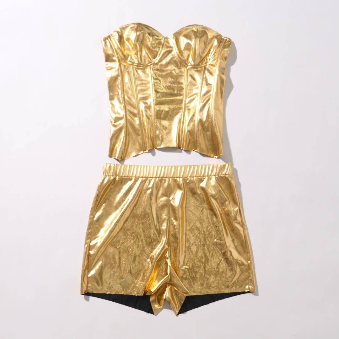 Leather Metallic Body Shaping Tube Top Casual Shorts Two-piece Suit