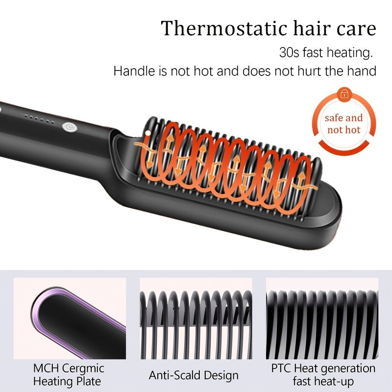 2-in-1 Electric Straightener Brush Hot Comb Adjustment Heat  Anti-Scald 2-in-1 Styling Tool For Long-Lasting Curls And Straight Hair