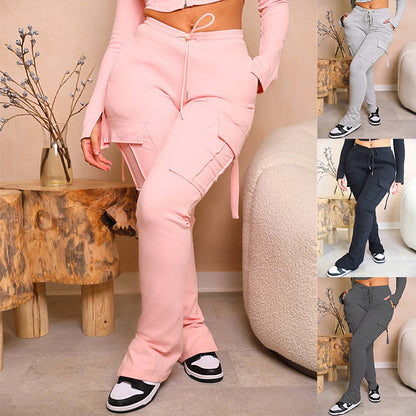 Cargo High Waist Pants With Pockets Wide Leg Straight