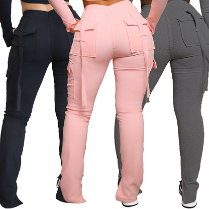 Cargo High Waist Pants With Pockets Wide Leg Straight